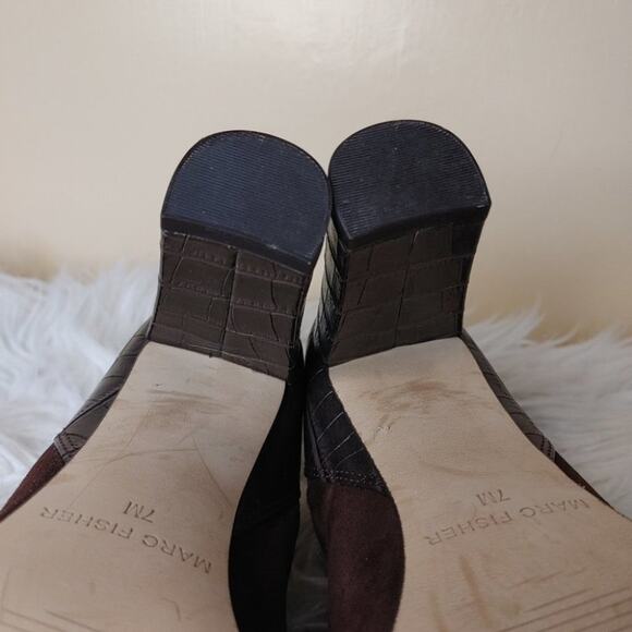 Marc Fisher Leather Size 7 Peep Toe Leather High Heel Snake Print Business Brown - Picture 7 of 10